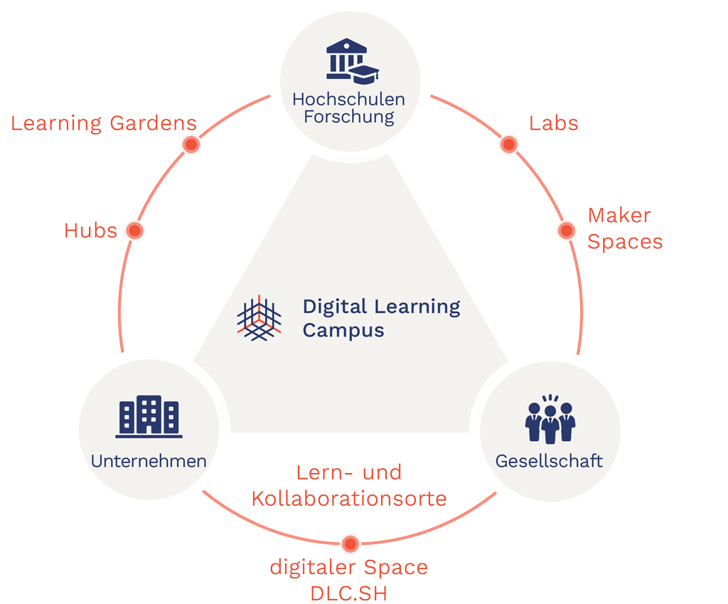 Das Angebot des DLC in Form von Labs, Hubs, Learning Gardens, Maker Spaces und Lern- und Kollaborationsorten